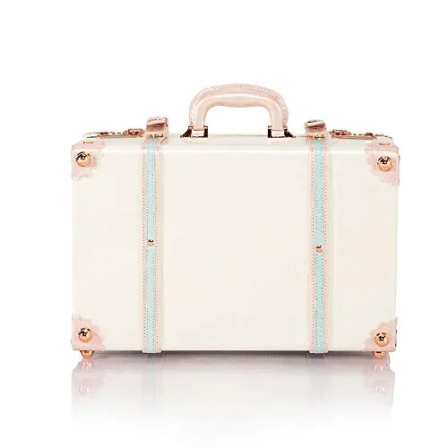 COTRUNKAGE Large 18" Carry On Suitcase Cute Pu Leather Overnight Vintage Trunk Luggage Bag for Women (18", Cream White)