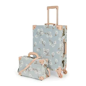 COTRUNKAGE Travel Carry On Luggage Trunk Set Vintage Suitcase for Women with TSA Lock (12" & 20", LightCyan Floral) mega luggage savings