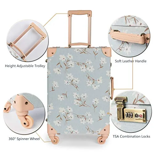 COTRUNKAGE Travel Carry On Luggage Trunk Set Vintage Suitcase for Women with TSA Lock (12" & 20", LightCyan Floral)