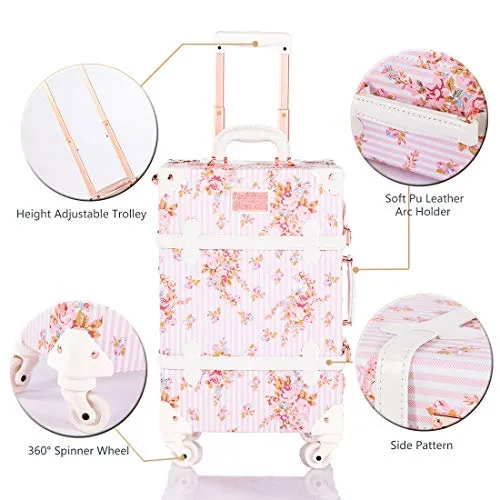 COTRUNKAGE Vintage Travel Luggage Trunk Women Suitcase (Pink Floral, 22")