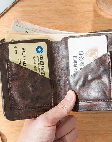 Dark Brown Wrinkled Leather Mens Front Pocket Card Wallets on sale Bifold Vintage billfold Wallet on sale Small Wallet on sale for Men