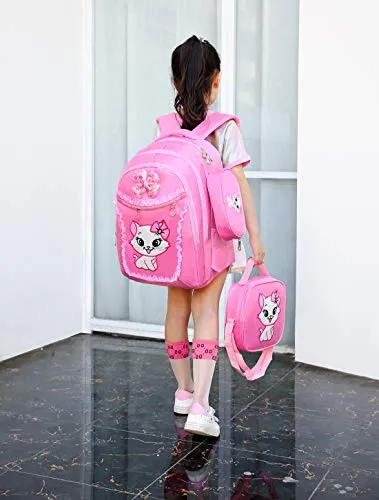 Debbieicy Cute Cat Printing Lace Backpack Lightweight Princess School Bag Kids Bookbag Handbag Pen Bag Set for Primary Girls (Large, Pink1(Backpack Handbag Pen Bag))