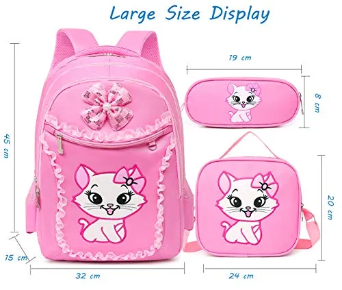 Debbieicy Cute Cat Printing Lace Backpack Lightweight Princess School Bag Kids Bookbag Handbag Pen Bag Set for Primary Girls (Large, Pink1(Backpack Handbag Pen Bag))