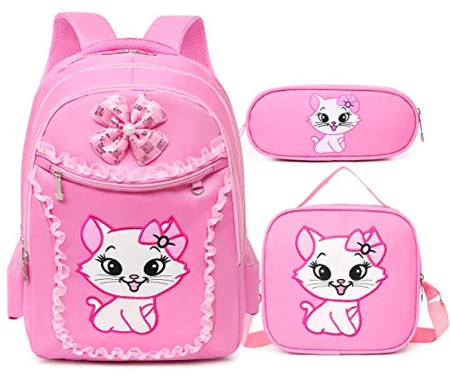 Debbieicy Cute Cat Printing Lace Backpack Lightweight Princess School Bag Kids Bookbag Handbag Pen Bag Set for Primary Girls (Large, Pink1(Backpack Handbag Pen Bag)) mega luggage savings