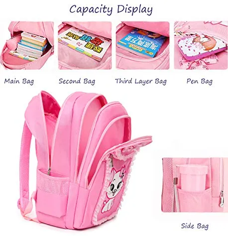 Debbieicy Cute Cat Printing Lace Backpack Lightweight Princess School Bag Kids Bookbag Handbag Pen Bag Set for Primary Girls (Large, Pink1(Backpack Handbag Pen Bag))