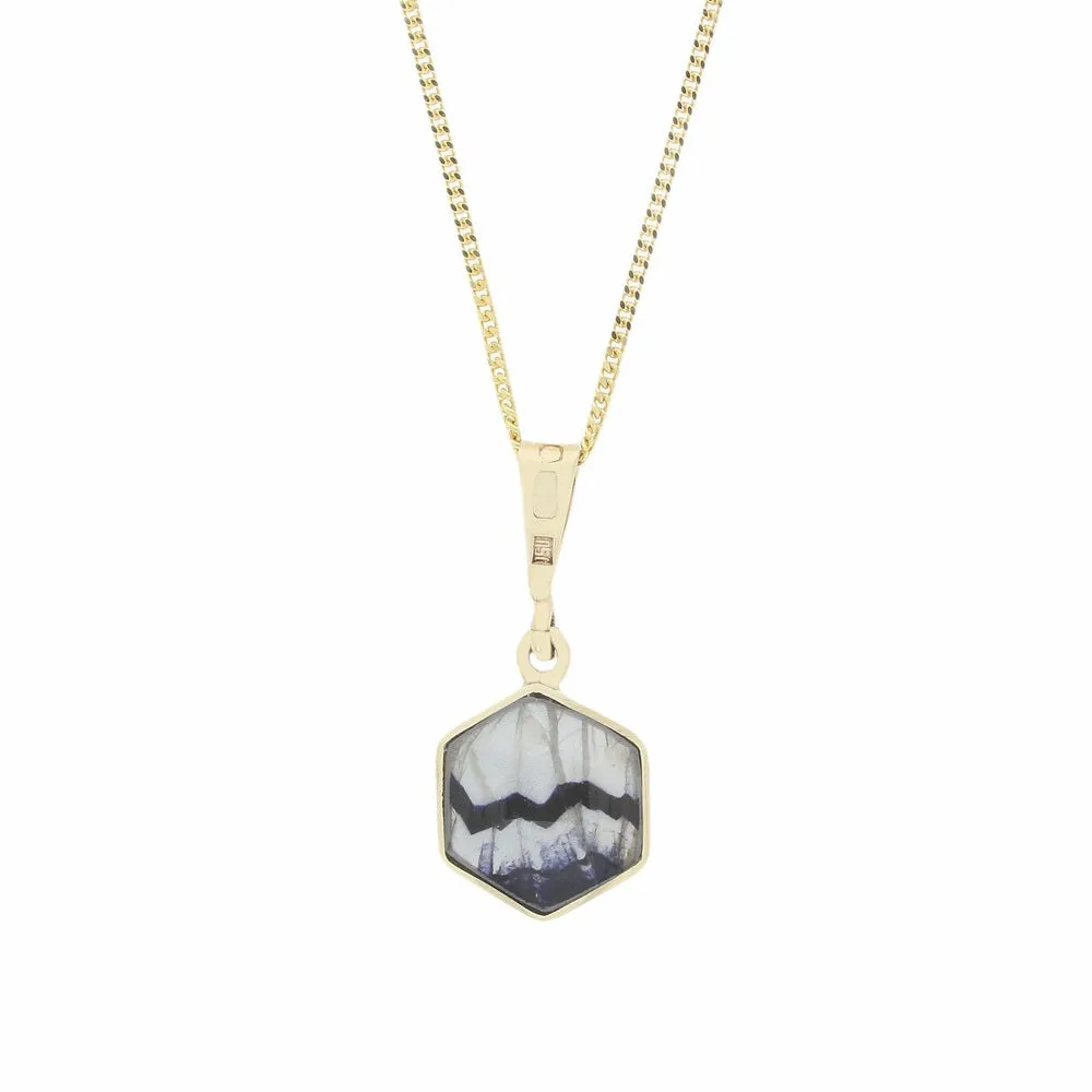 Derbyshire Blue John and Jet 9ct Yellow Gold Hexagonal Reversible Pendant Necklace 