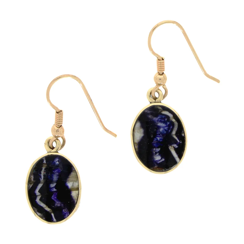 Derbyshire Blue John and Jet 9ct Yellow Gold Oval Reversible Drop Earrings 