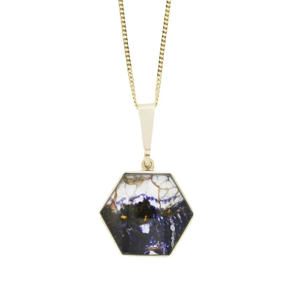 Derbyshire Blue John and Labradorite 9ct Yellow Gold Hexaganol Reversible Pendant 