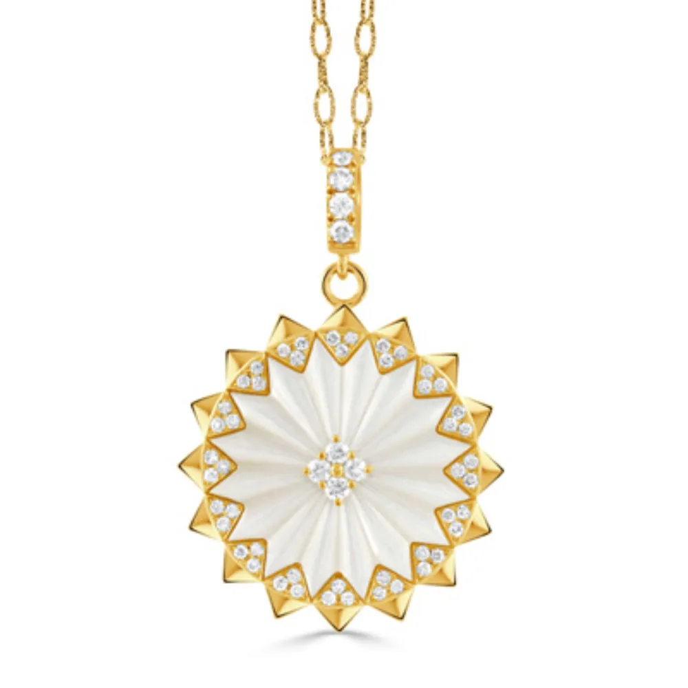 Doves 18k Gold White Orchid Mother of Pearl Pendant Necklace 
