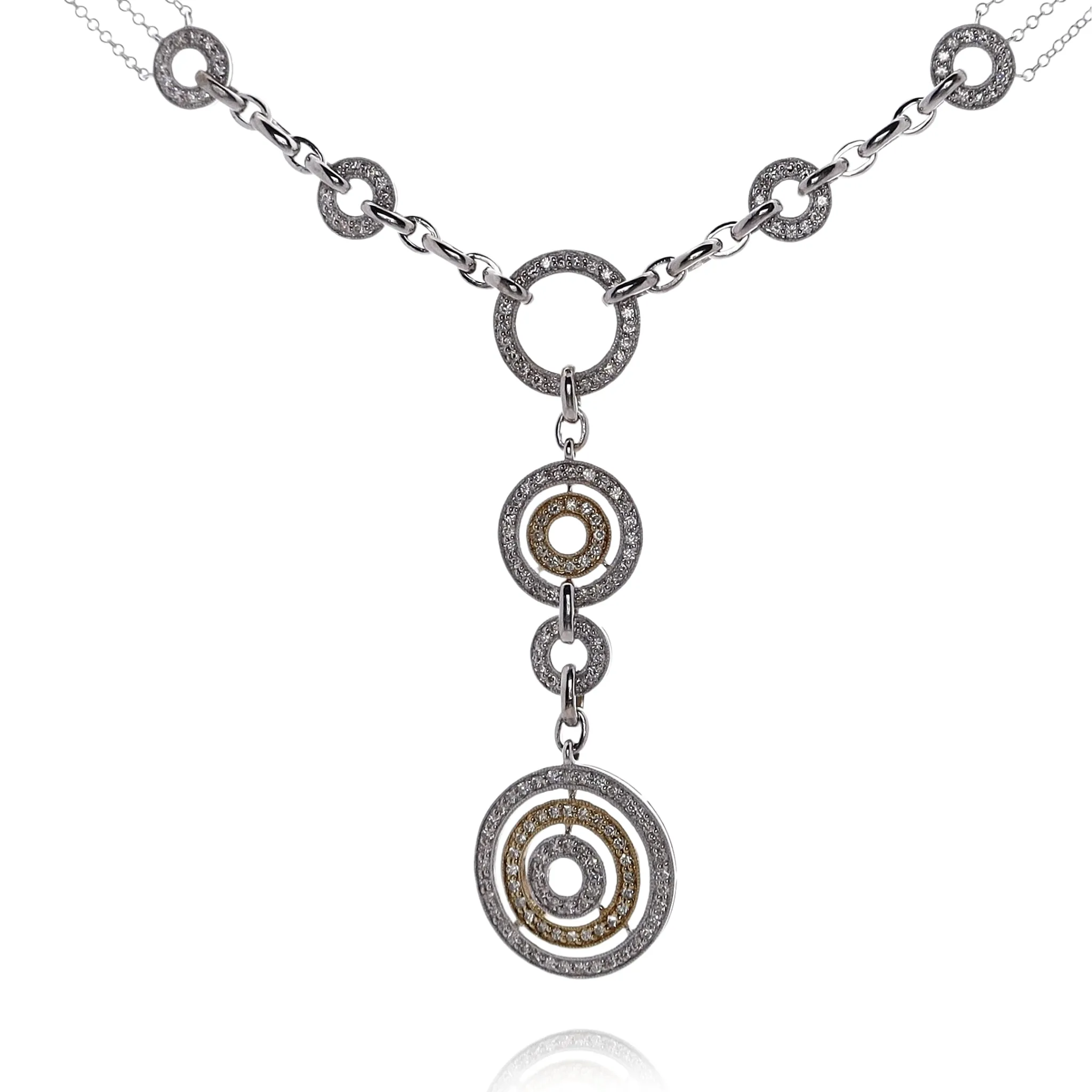 Estate 14 Karat Two-Tone "Y" Design Pave Diamond Medallion Pendant Necklace 
