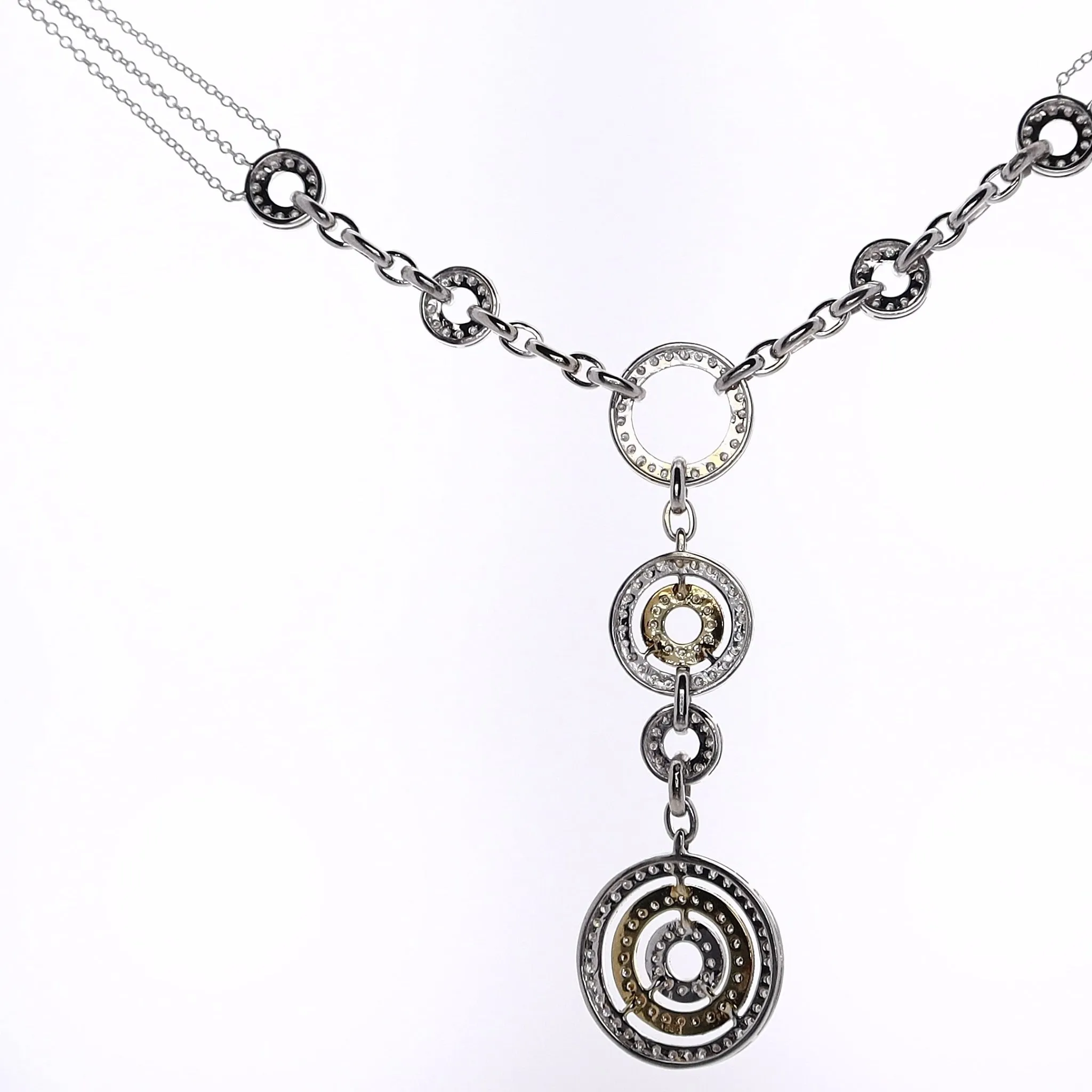 Estate 14 Karat Two-Tone "Y" Design Pave Diamond Medallion Pendant Necklace
