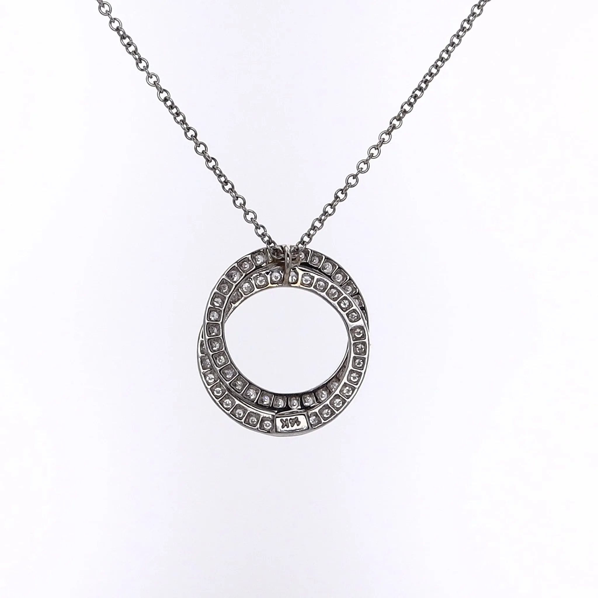 Estate 14 Karat White Gold Interlocking Circles Diamond Pendant Necklace