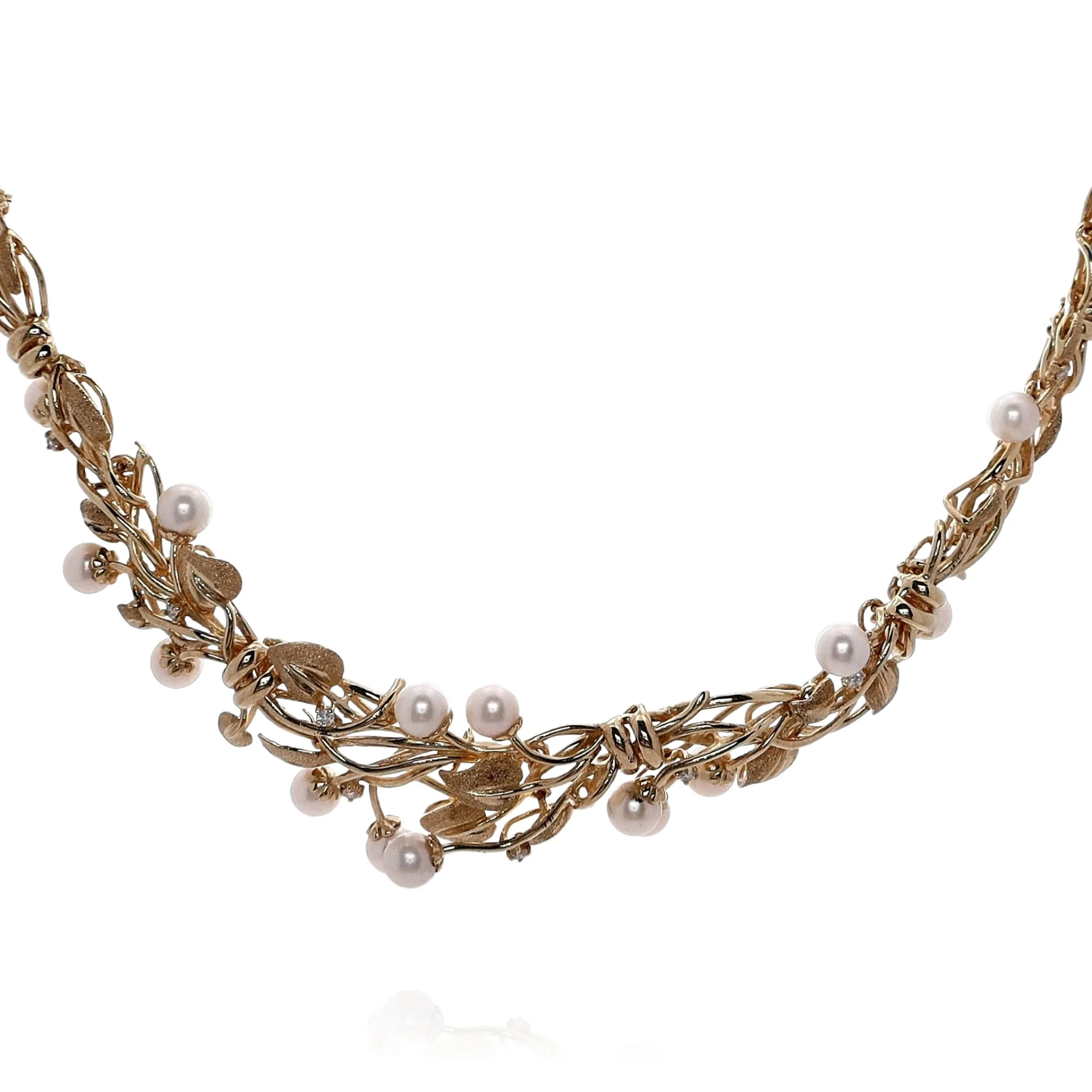 Estate 14k Yellow Gold Textured and Polished Vine Pattern Pearl and Diamond Collar Necklace 