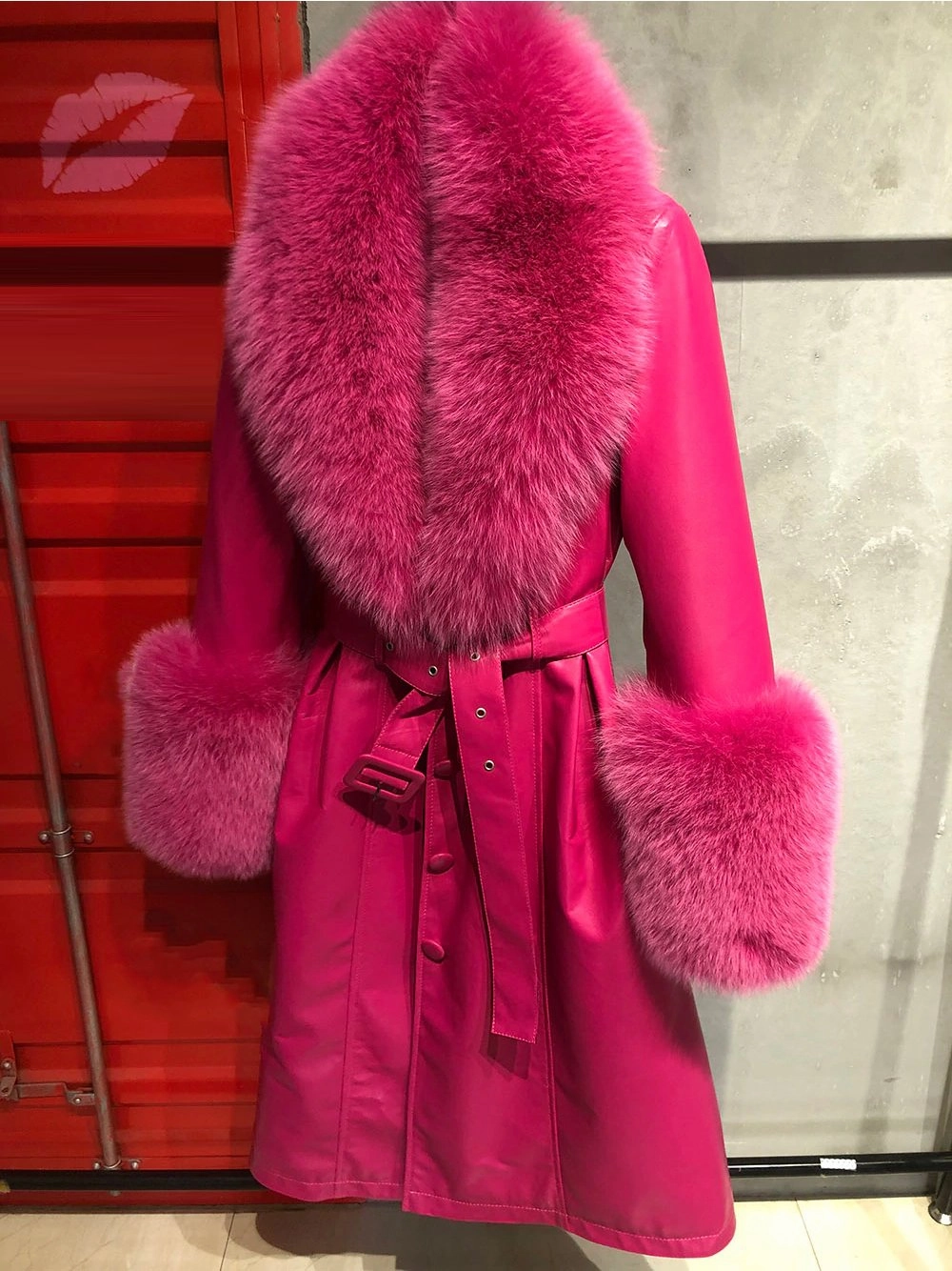 Faux Fur Genuine Leather Coat in Pink