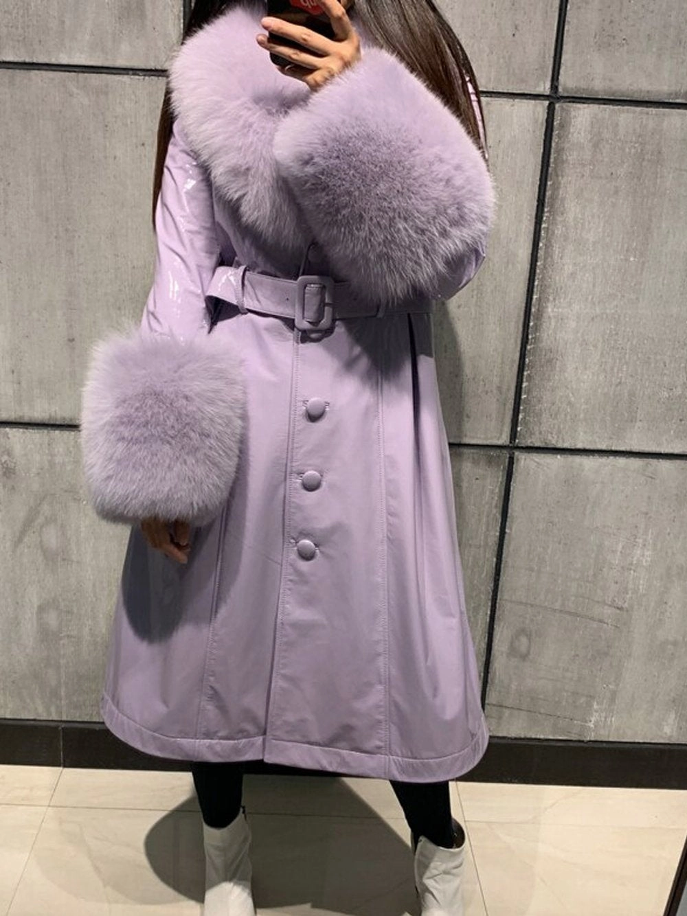 Faux Fur Genuine Leather Coat in Violet