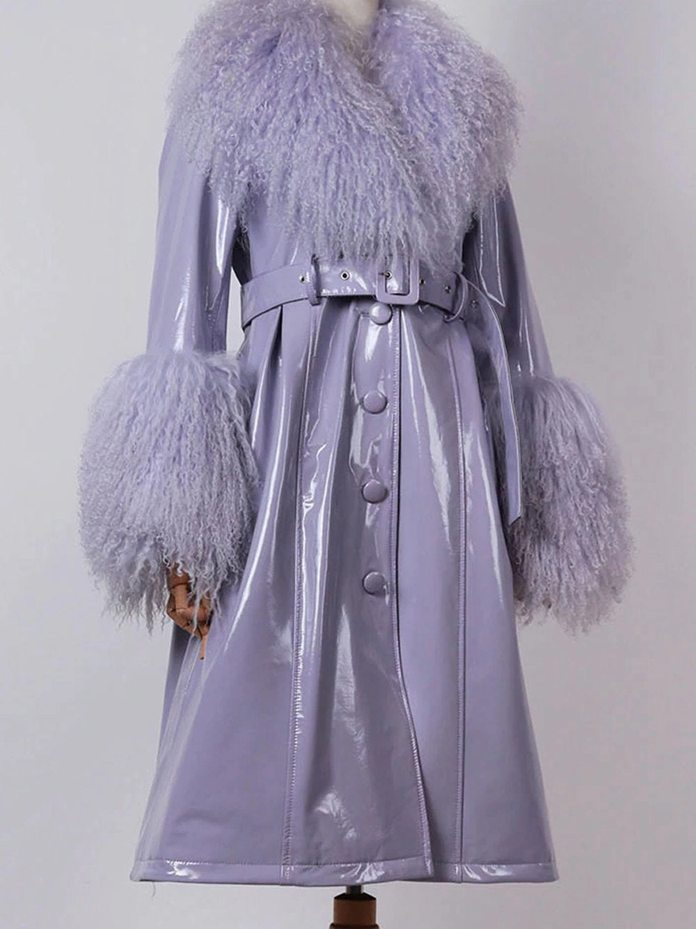 Faux Fur Genuine Leather Coat in Violet