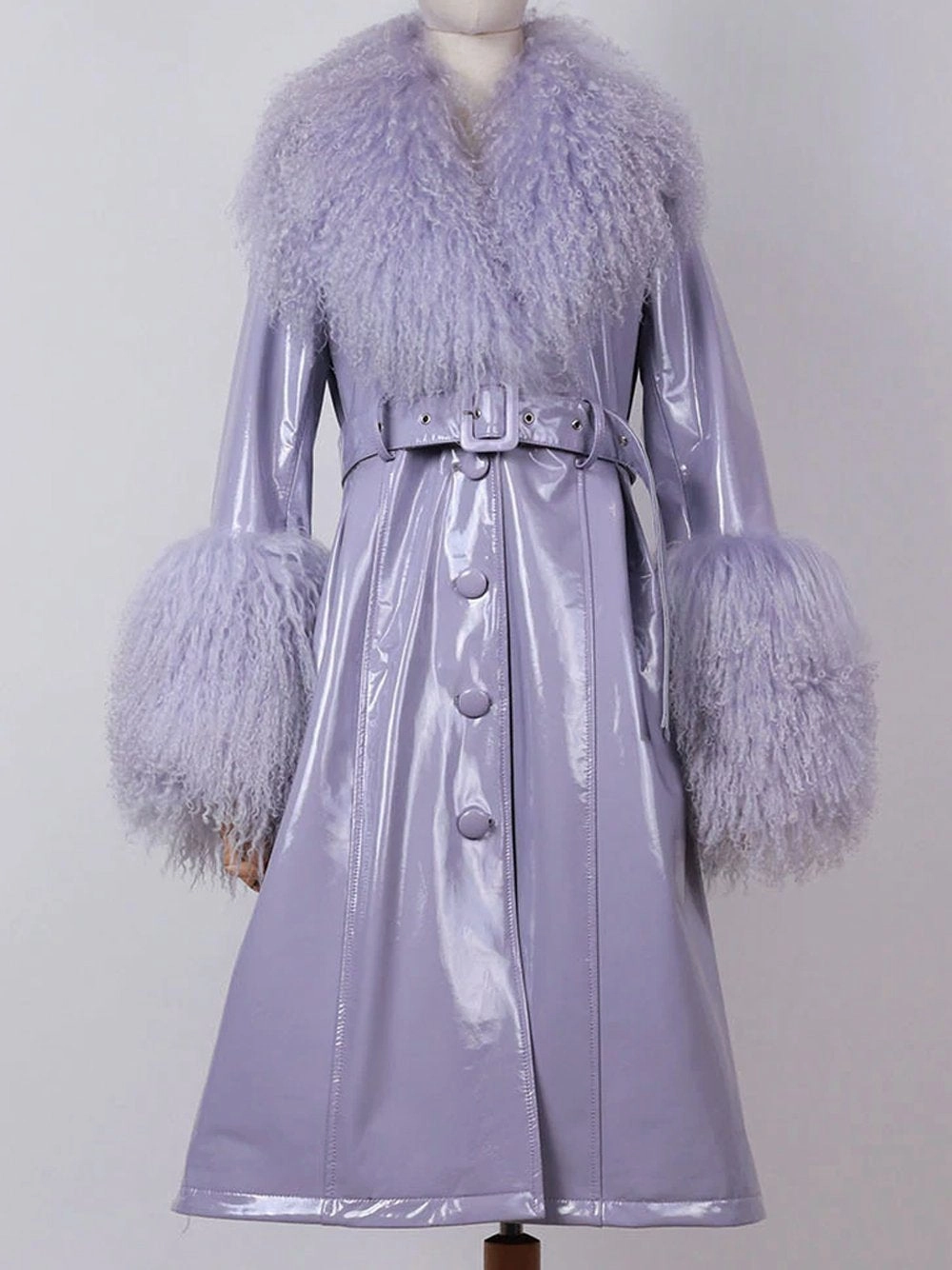 Faux Fur Genuine Leather Coat in Violet