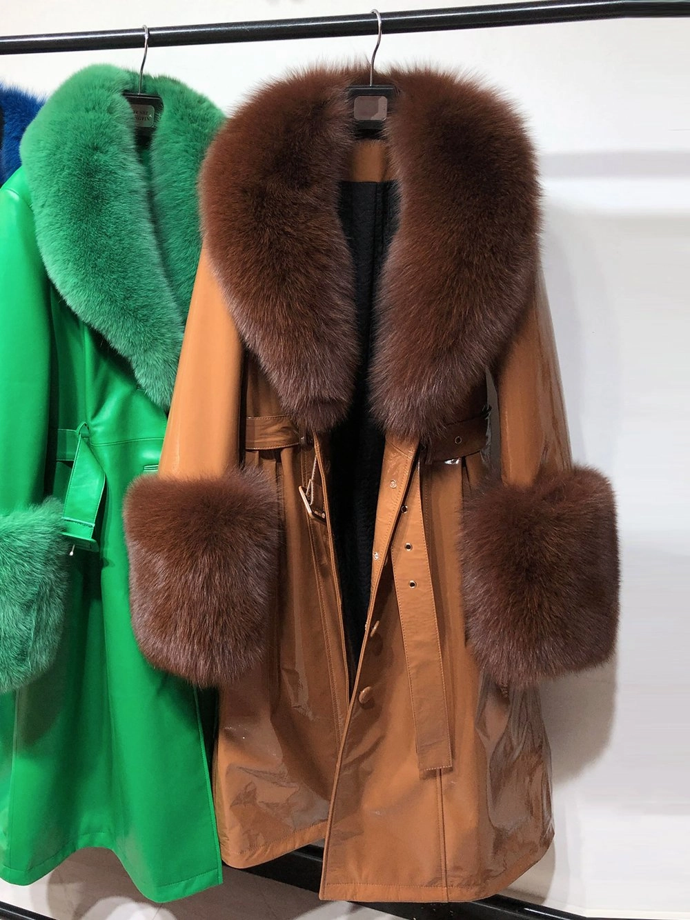 Faux Fur Genuine Patent Leather Coat in Brown