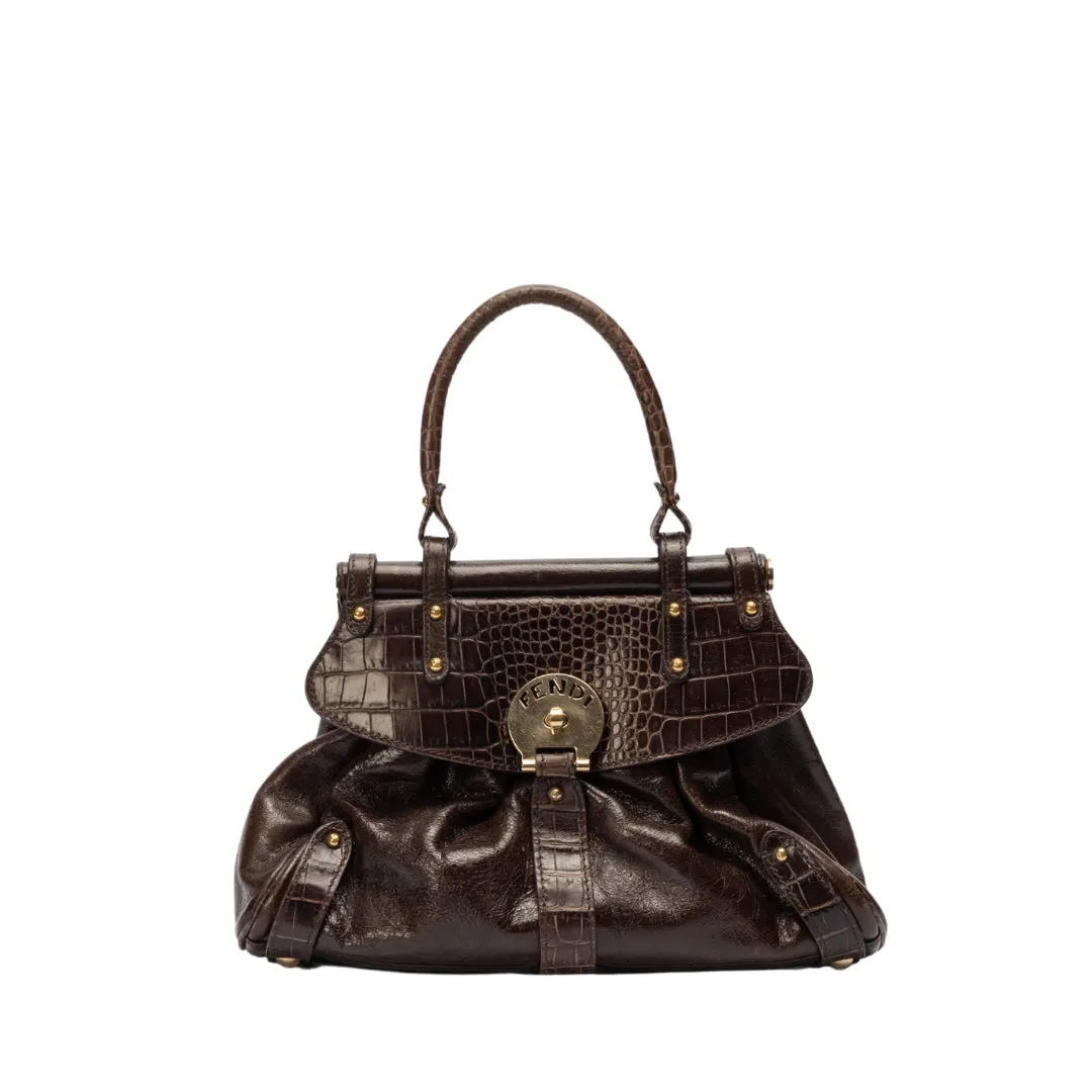 Fendi Brown Leather Croc Embossed Magic Bag flash sale luggage