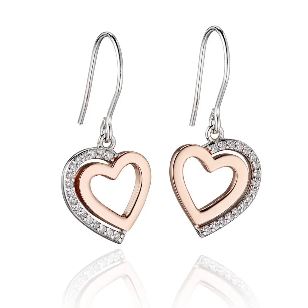 Fiorelli Silver Rose Gold Plated Heart Drop Earrings E5454C 