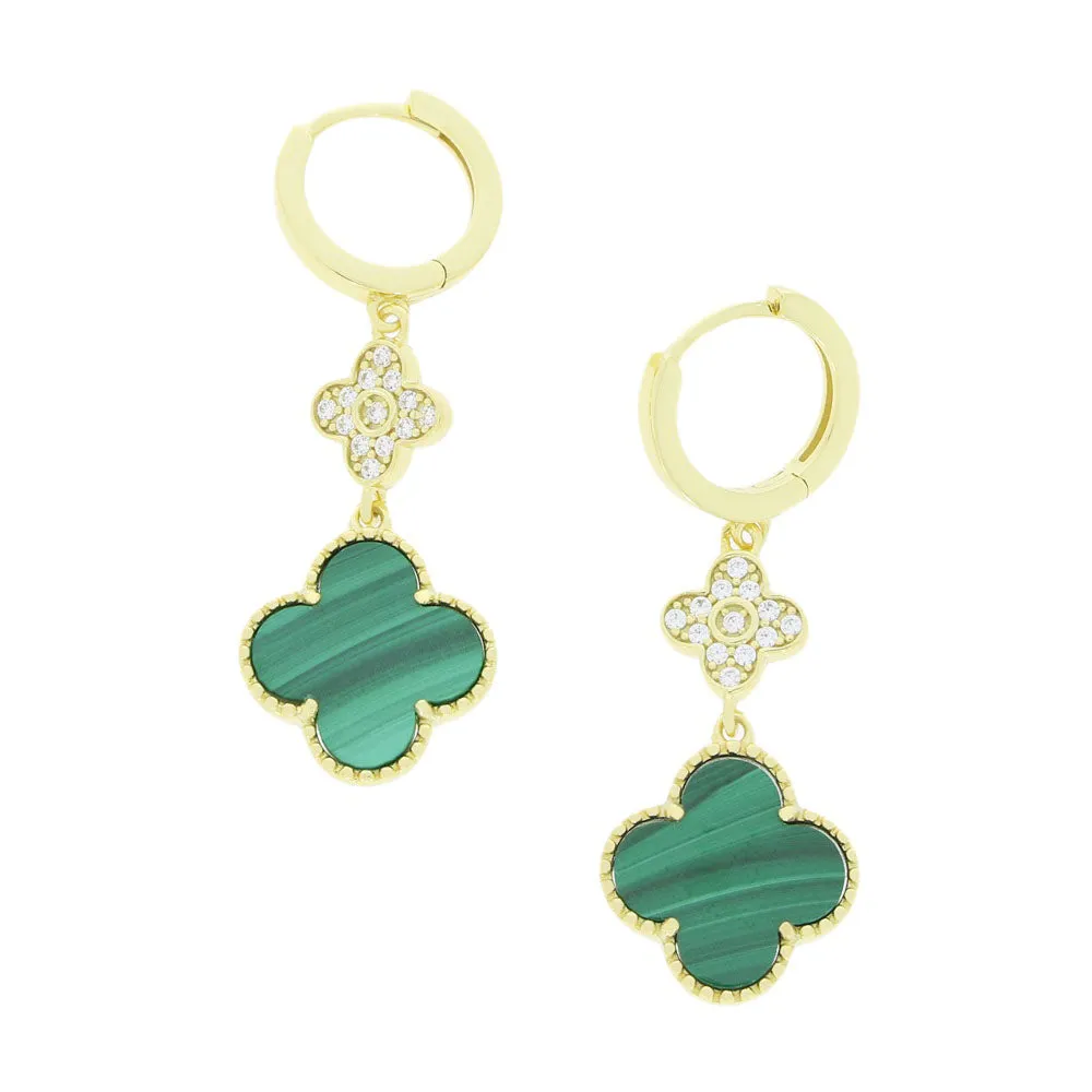 Four Leaf Clover Gold Plated Green Stone Huggie Earrings GVL067 