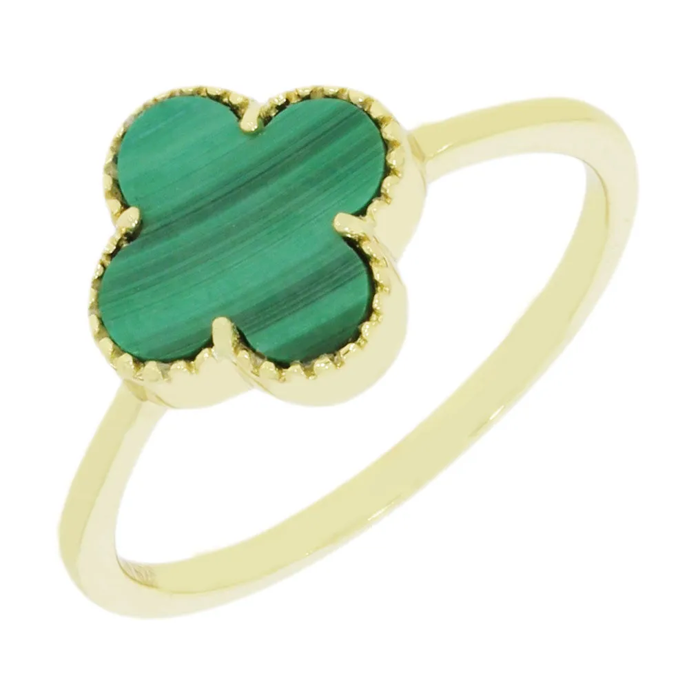 Four Leaf Clover Sterling Silver Ring Gold Tone Green Stone GVL039 