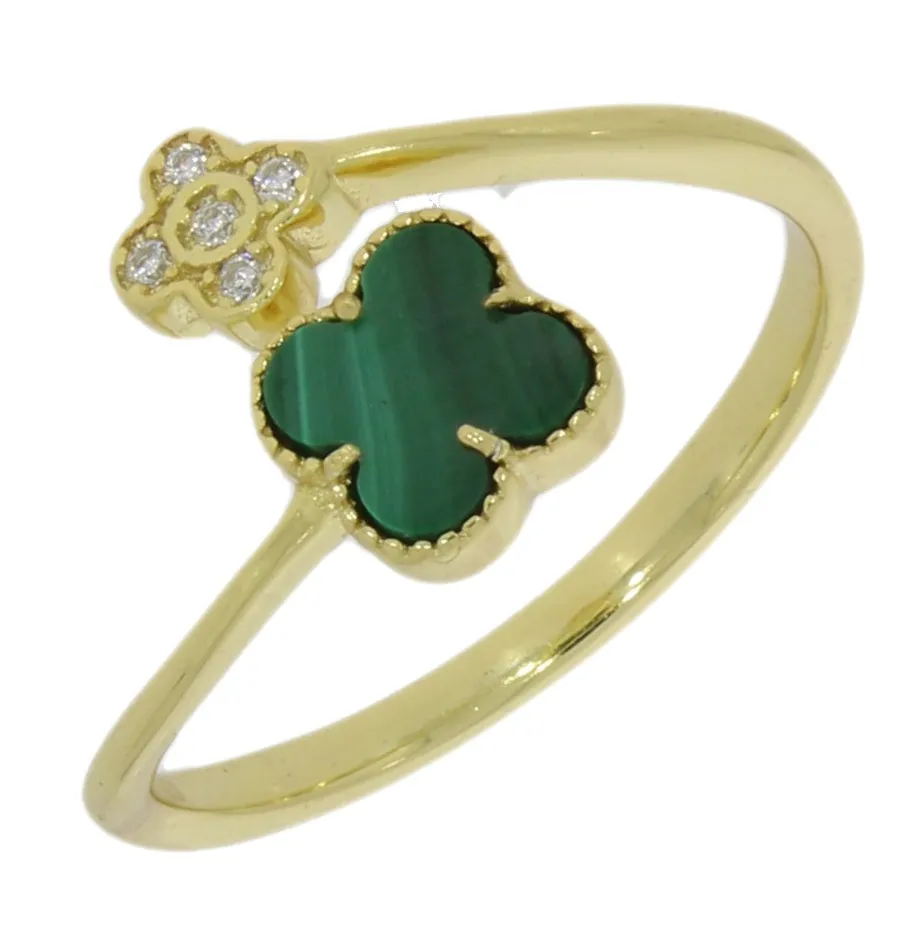 Four Leaf Clover Sterling Silver Ring Gold Tone Green Stone GVL063 