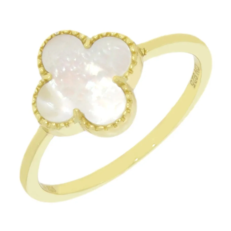 Four Leaf Clover Sterling Silver Ring Gold Tone Mother of Pearl GVL037 