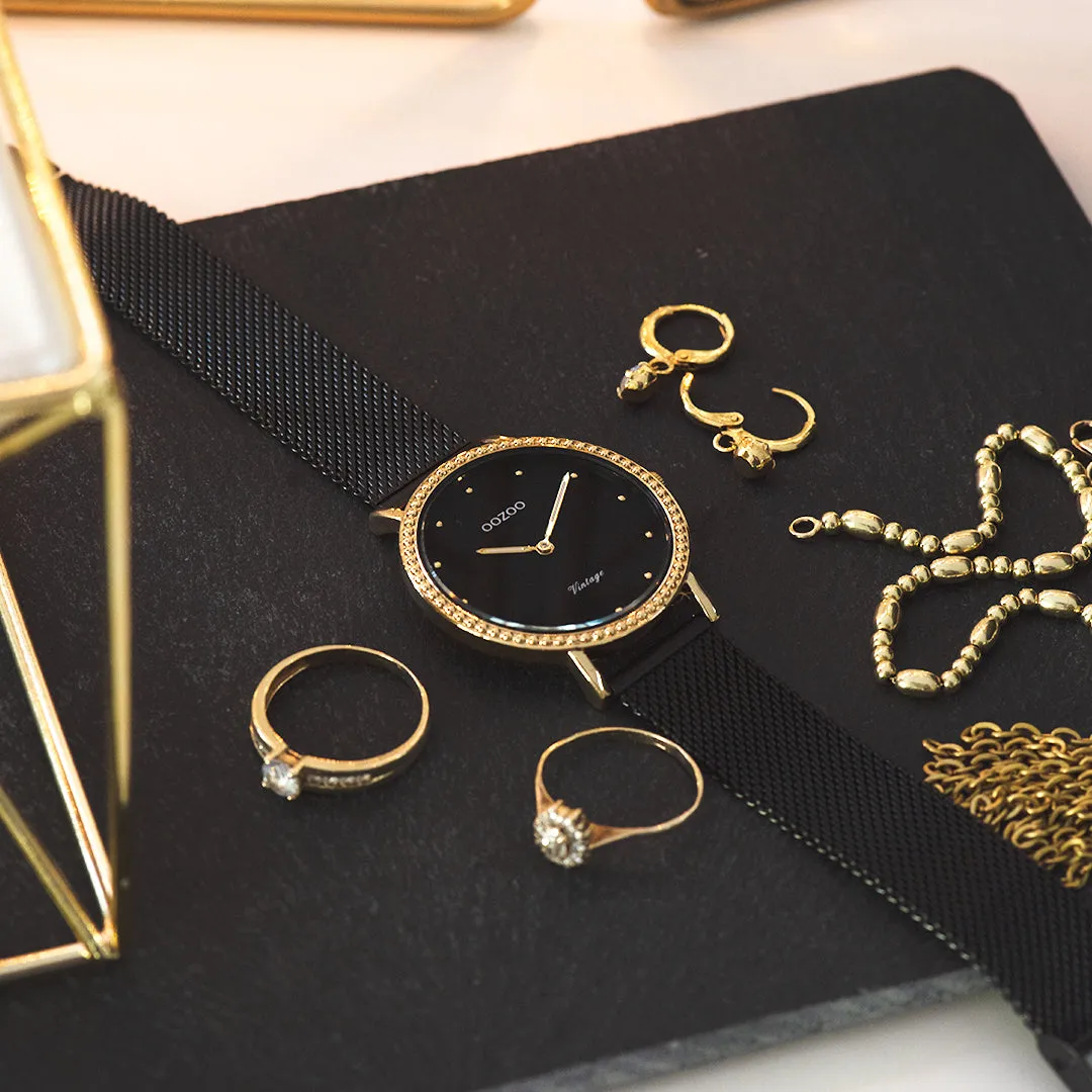 Gold coloured OOZOO watch with black metal mesh bracelet - C20058
