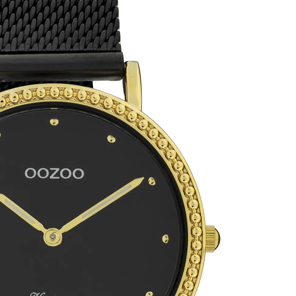 Gold coloured OOZOO watch with black metal mesh bracelet - C20058