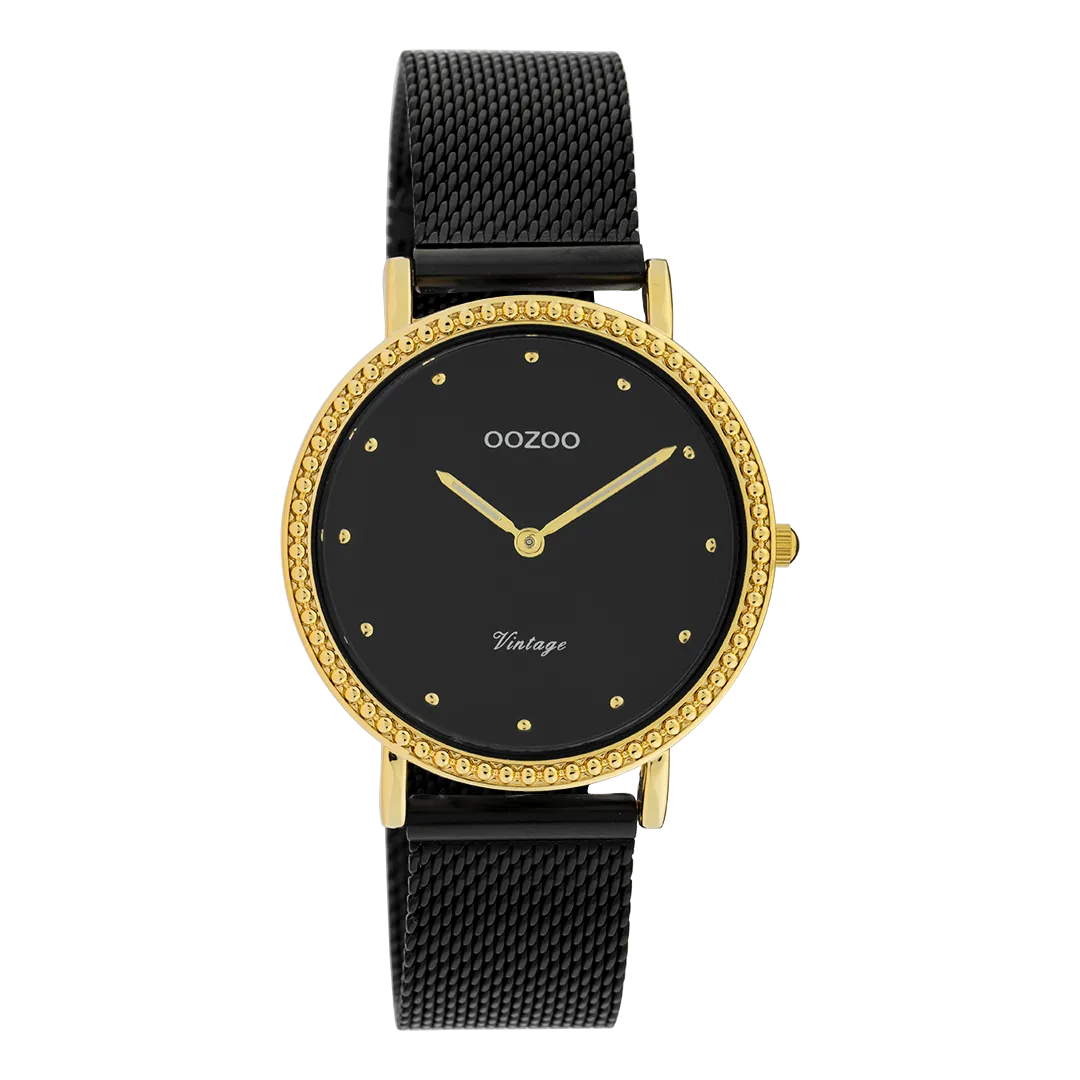 Gold coloured OOZOO watch with black metal mesh bracelet - C20058