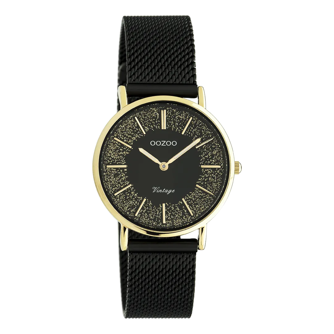 Gold coloured OOZOO watch with black metal mesh bracelet - C20189