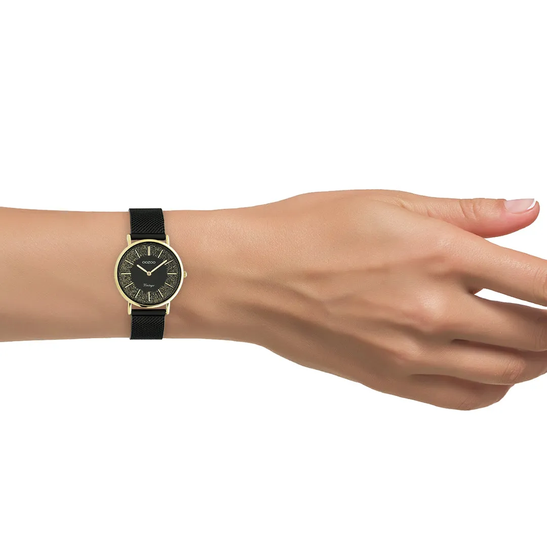 Gold coloured OOZOO watch with black metal mesh bracelet - C20189