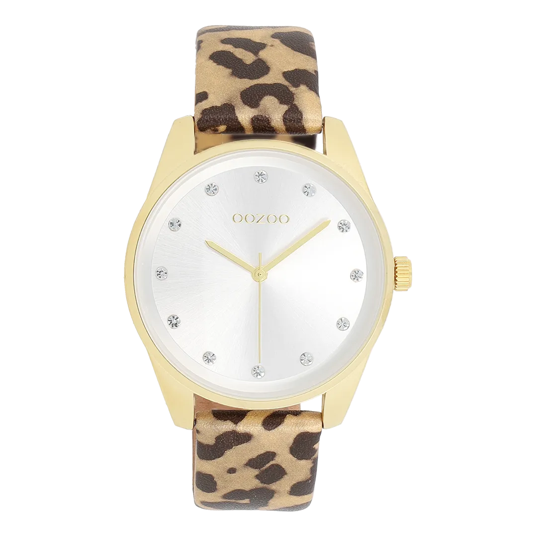 Gold coloured OOZOO watch with brown leather strap - C11375