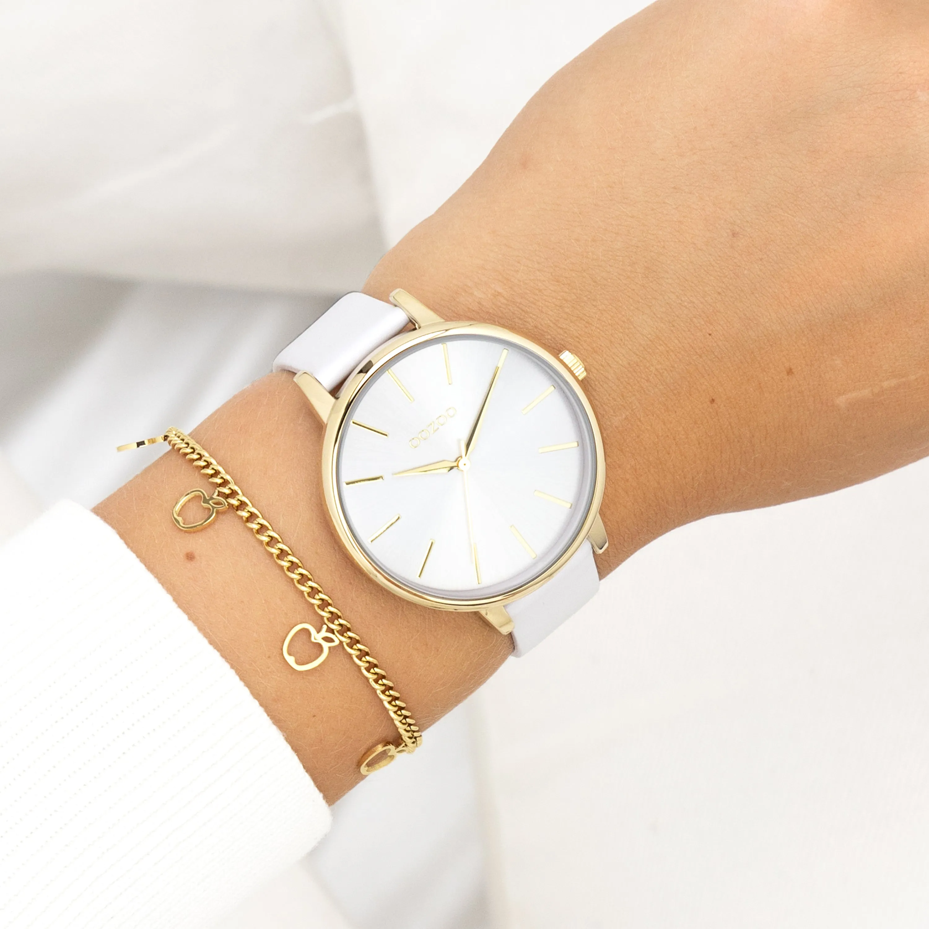 Gold coloured OOZOO watch with light grey leather strap - C11290