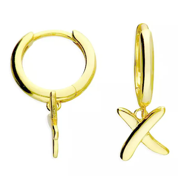 Gold Plated Huggie Hoop Kiss Charm Earrings 