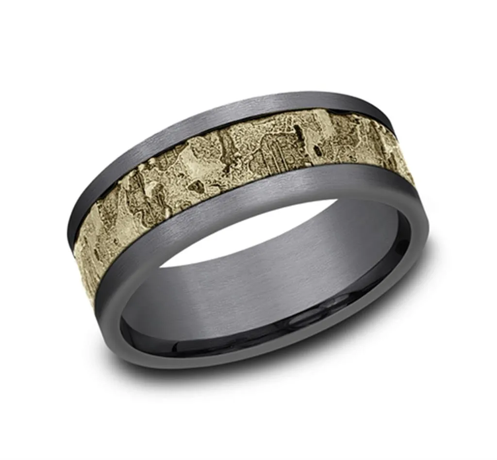 Gray Tantalum And 14K Yellow Gold 'The Stud' 8Mm Wall Fracture Center And Grey Satin Edges Wedding Band 