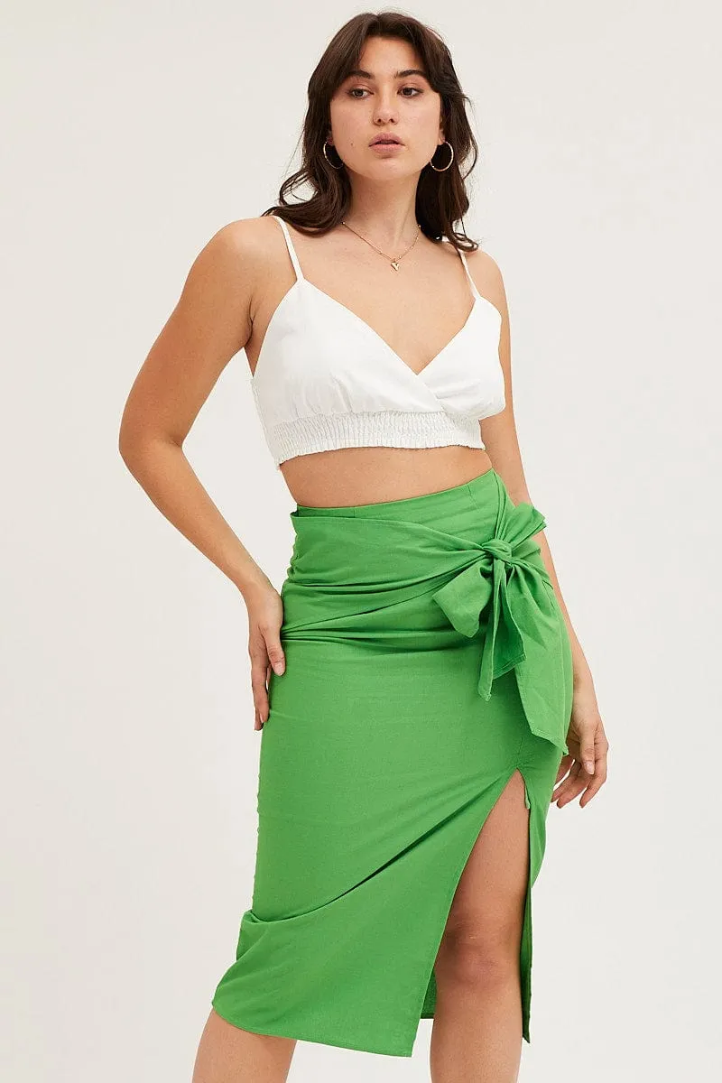 Green Front Tie Midi Skirt,skirt,denim skirt,mini skirt,maxi skirt,jean skirt,skort,tennis skirt,pleated skirt,pencil skirt,bubble skirt,plisse skirt,fitted skirt,midi skirt,short skirt,short mini skirt,leather skirt,a line skirt,Split skirt