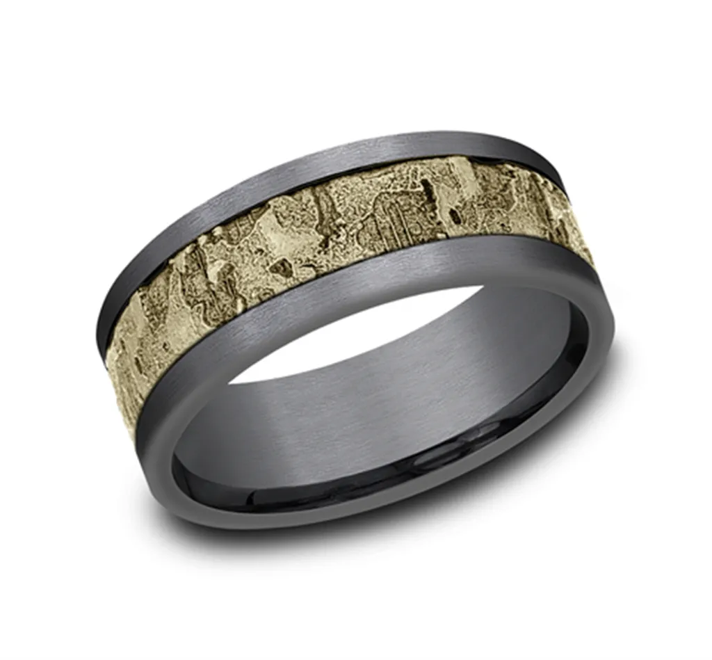 Grey Tantalum And 14K Yellow Gold 8Mm Wall Fracture Center And Grey Satin Edges Wedding Band 