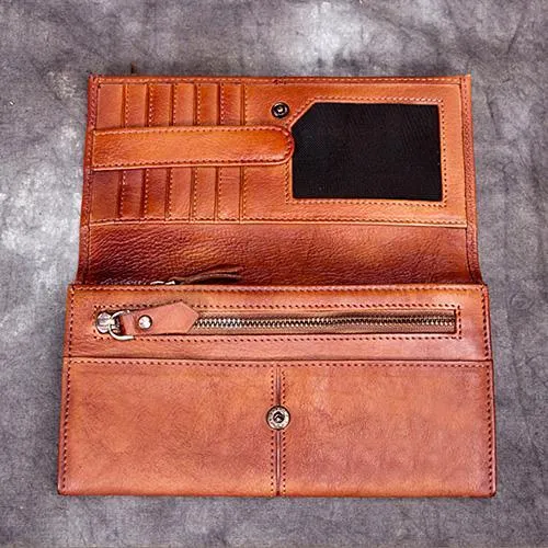 Grey Vintage Mens Bifold Leather Long Wallet Brown Long Phone Clutch Purse for Men
