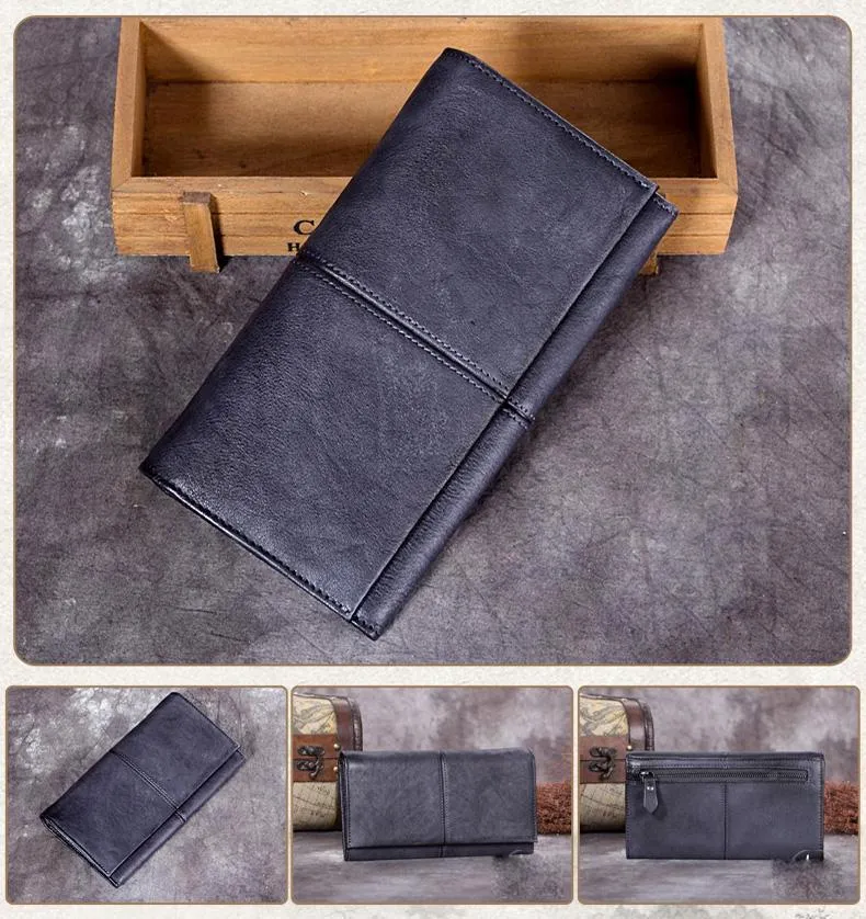 Grey Vintage Mens Bifold Leather Long Wallet Brown Long Phone Clutch Purse for Men