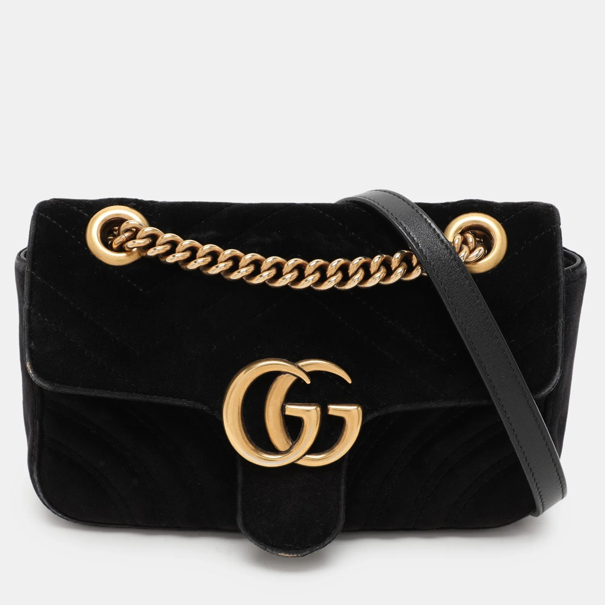 Gucci Black Matelass&eacute; Velvet Mini Gg Marmont Shoulder Bag