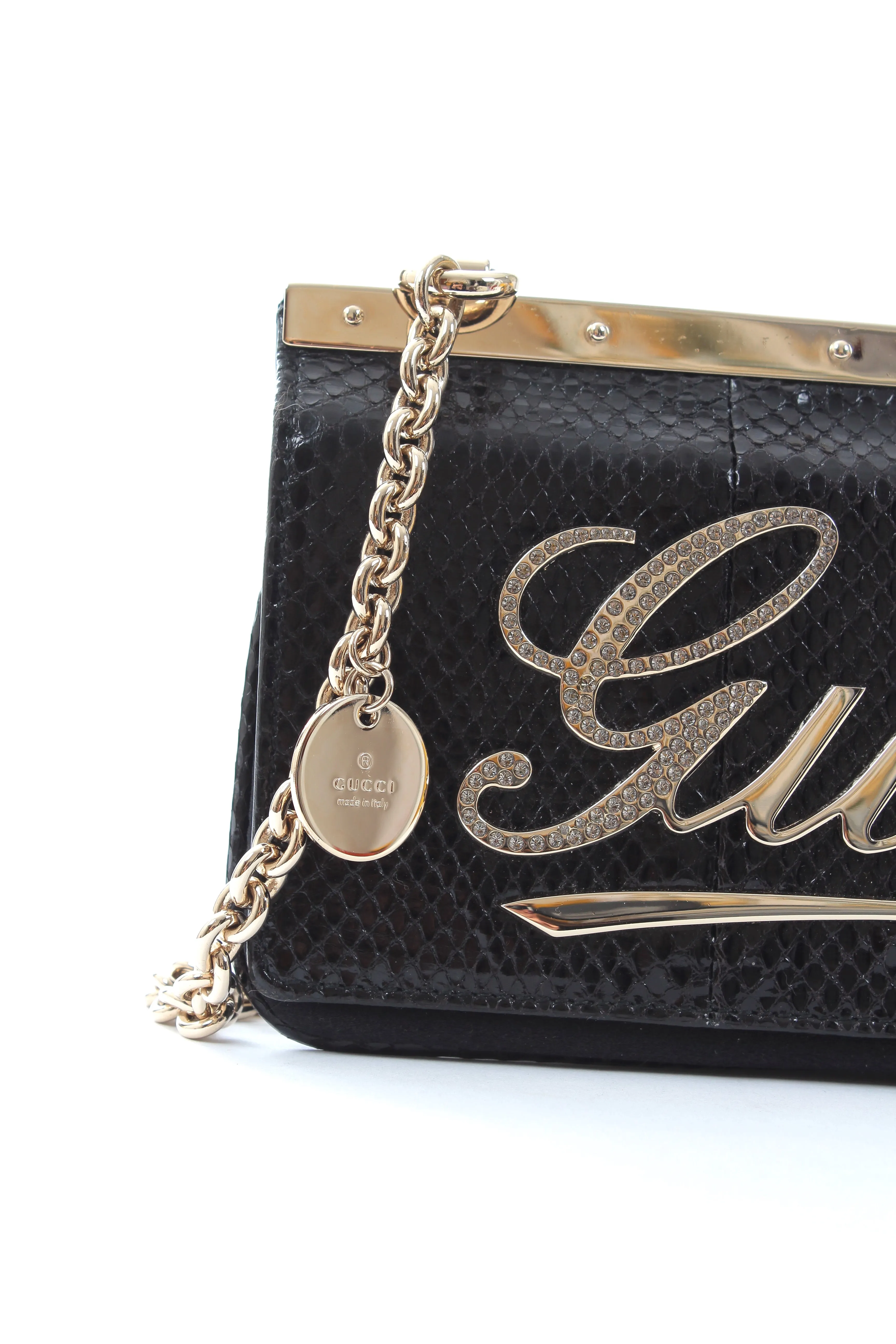 Gucci Crystal-Logo Chain Flap Clutch Bag
