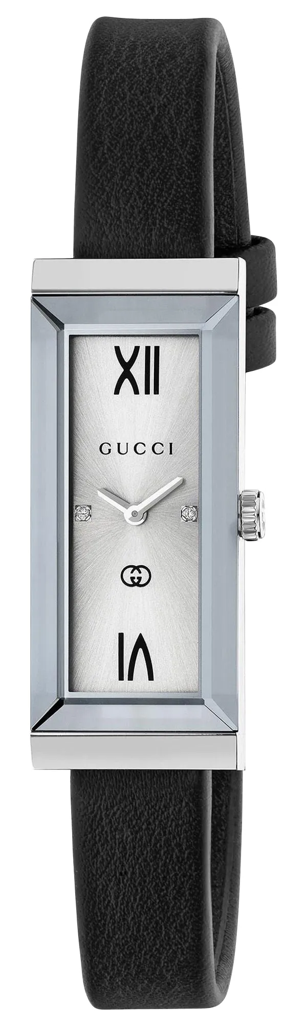 Gucci G-Frame Stainless Steel Silver-Tone Dial Black Leather Strap Diamonds Rectangle Quartz Womens Watch YA127515