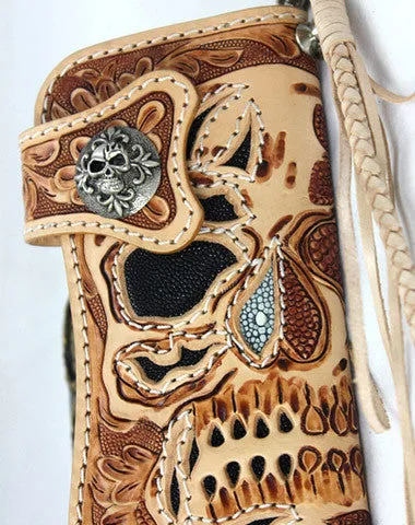 Handmade beige brown leather punk skull carved biker wallet Long wallet clutch for men Free shipping wallets