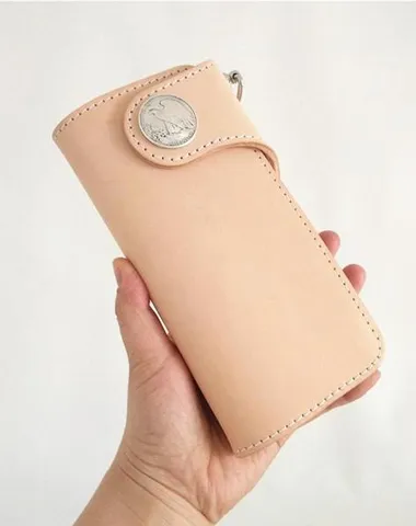Handmade Beige Long Biker Wallets with Chain Cool Mens Leather Biker Chain Wallets Cyber Monday wallet sale