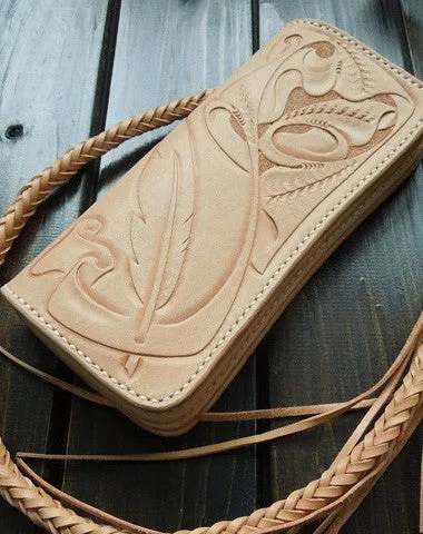 Handmade biker wallet carved trucker wallet chain leather long floral wallet for men Wallet seasonal sale