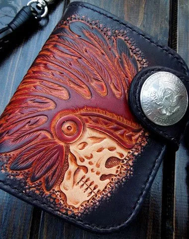Handmade biker wallet leather carved black skull billfold biker wallet bifold purse for men Free shipping wallets