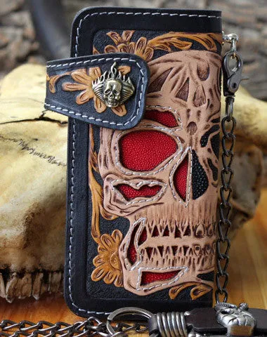 Handmade biker wallet Tooled leather skull chain biker wallet Chain Long wallet for men Free shipping wallets