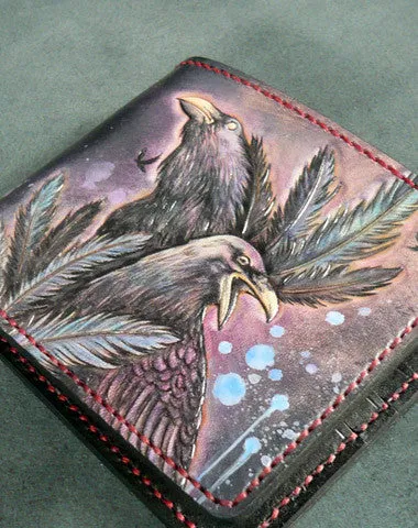 Handmade billfold leather Wallet on sale men Crow carved leather billfold Wallet on sale for men him